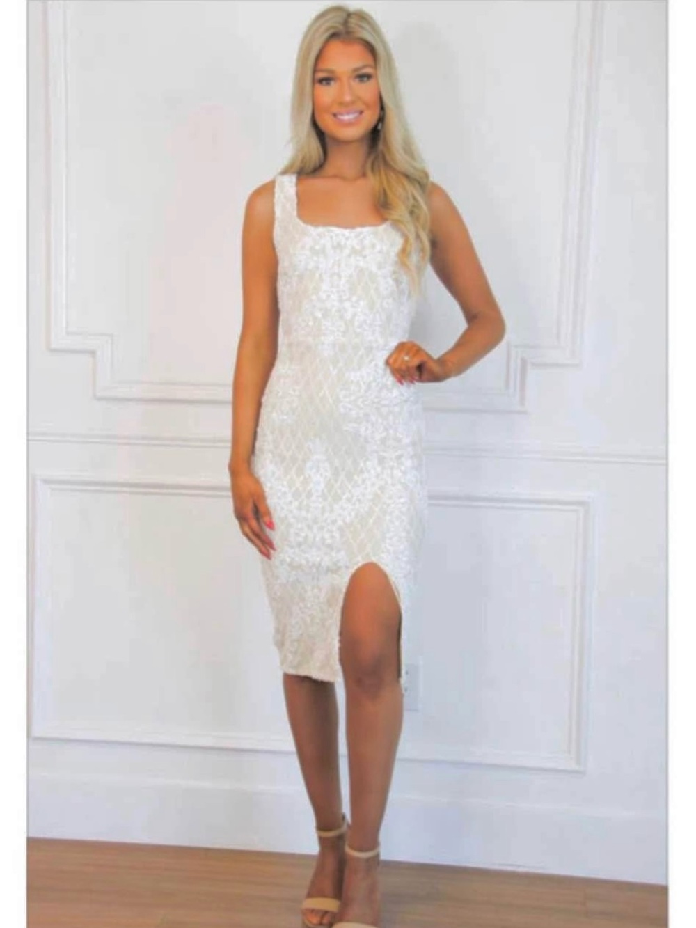 White Lace Midi Dress with Square Neck and Side Slit